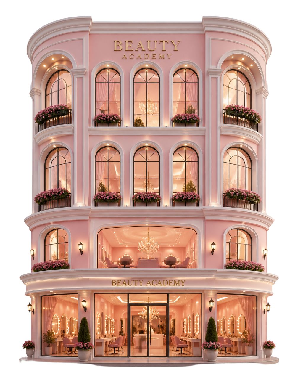 State Board Academy — a luxury blush-pink beauty academy with arched windows