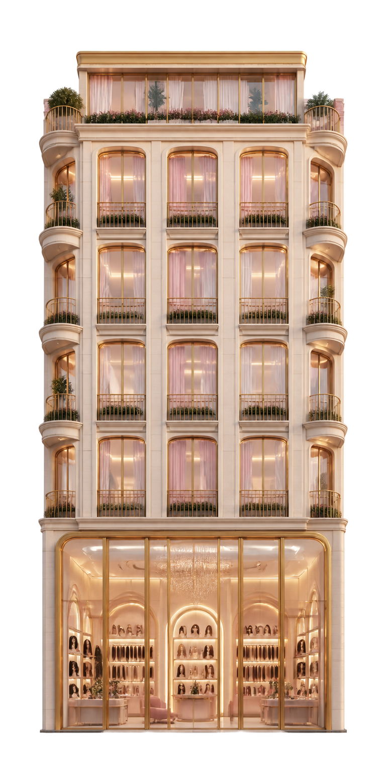 Raw Vietnamese Hair Vendor — a full-size cream and gold luxury hair boutique tower