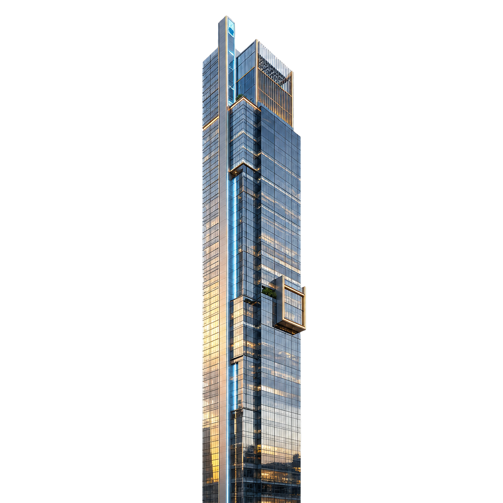 Prop X — a sleek glass and steel property technology tower with LED accents